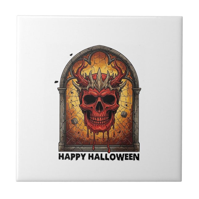 Nothing Scares Me Red Horned Skull Spider Web Hall Ceramic Tile (Front)