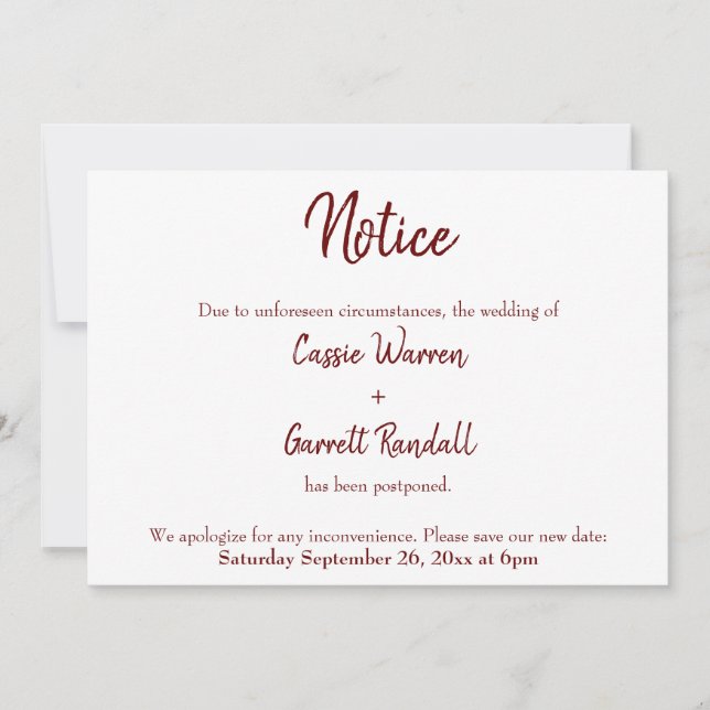 Notice Burgundy Postponed Wedding Announcement (Front)