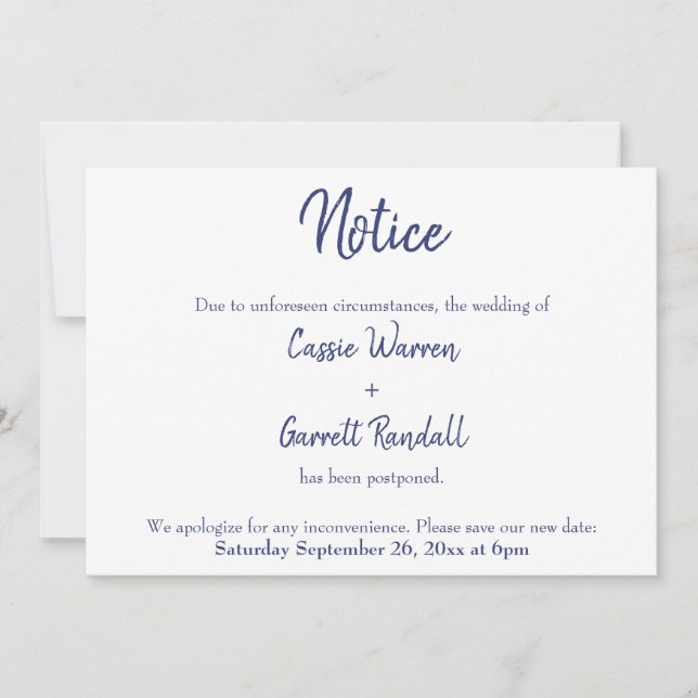 "Notice" Navy White Postponed Wedding Announcement (Front)
