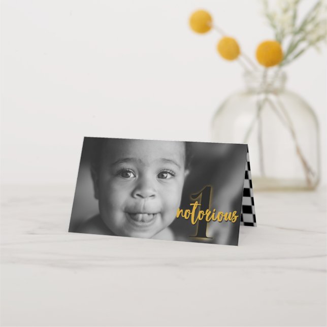 Notorious One| Retro Hip Hop 1st Birthday Photo Place Card (Back)