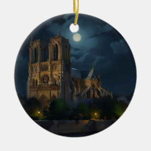 Notre Dame and Full Moon Art Ceramic Ornament