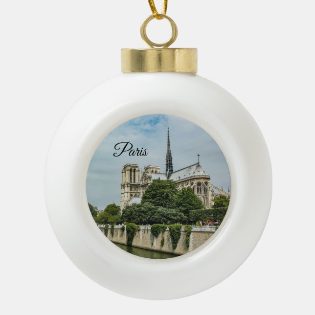 Notre Dame Cathedral in Paris Ceramic Ball Christmas Ornament (Front)