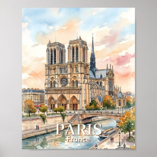Notre Dame de Paris Cathedral Watercolor Travel Poster