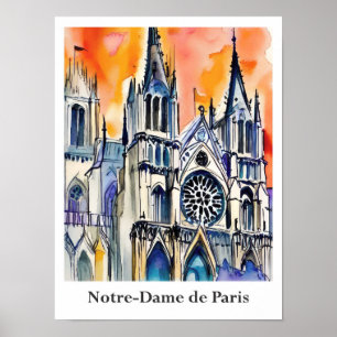 Notre-Dame de Paris France Watercolor Travel Poster