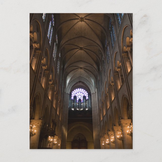 Notre Dame Interior with Rose Window, Paris Postcard (Front)