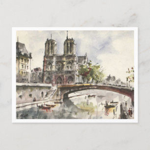 Notre Dame, Paris France Watercolor, 1962 Postcard