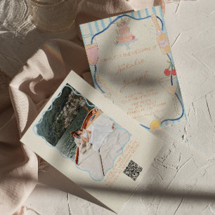 Nouveau Art Hand Drawn Striped QR Code Wedding Invitation