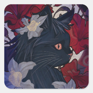 Nouveau Cat in Moonlight Square Sticker