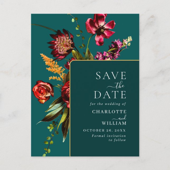 Nouveau Flowers Wedding Save the Date QR Code Postcard (Front)