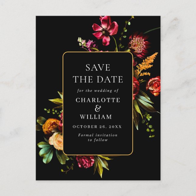 Nouveau Flowers Wedding Save the Date QR Code Postcard (Front)