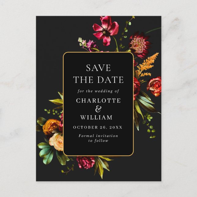 Nouveau Flowers Wedding Save the Date QR Code Postcard (Front)