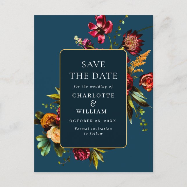 Nouveau Flowers Wedding Save the Date QR Code Postcard (Front)