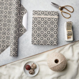 Nouveau Spanish Tile Pattern Black and Cream Wrapping Paper