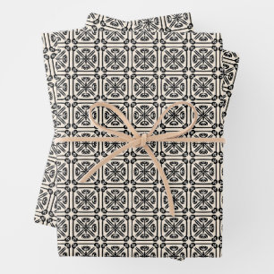 Nouveau Spanish Tile Pattern Black and Cream Wrapping Paper Sheet
