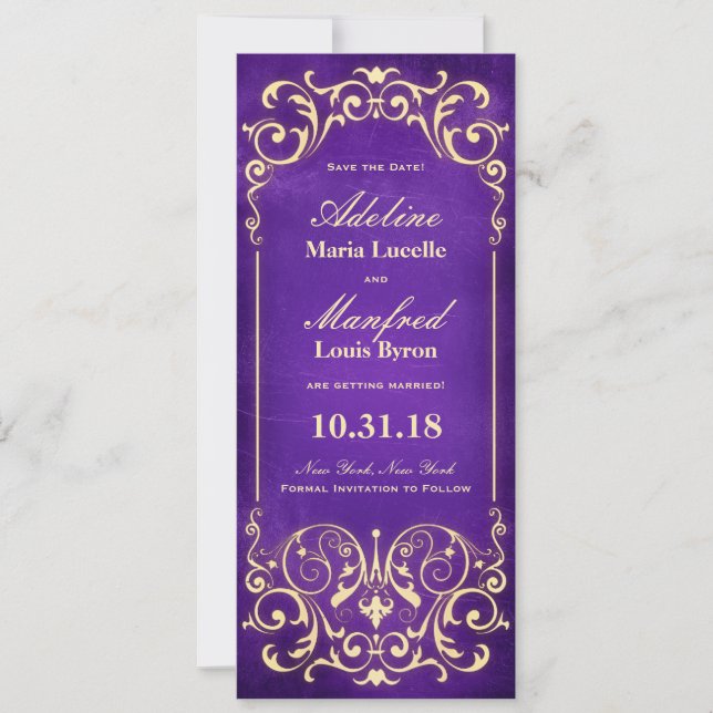 Nouveau Victorian: Gold & Aubergine Save the Date (Front)