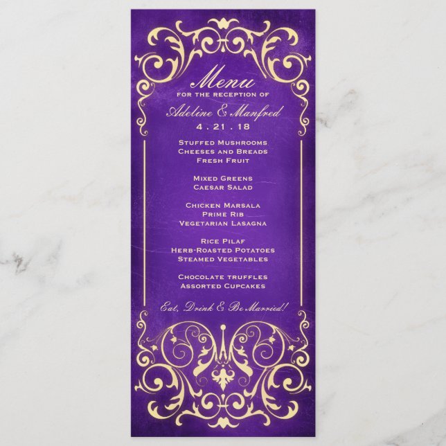 Nouveau Victorian: Gold & Aubergine Wedding Menu (Front)