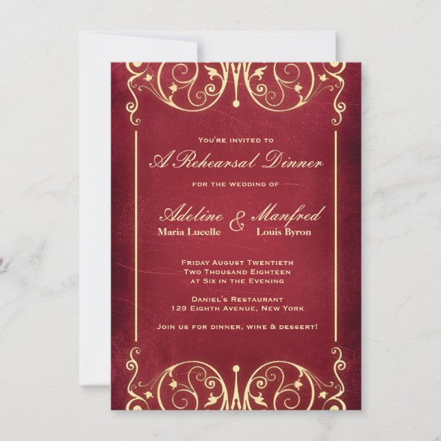 Nouveau Victorian: Red & Gold Rehearsal Dinner Invitation (Front)