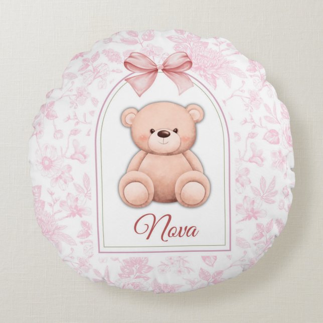 Nova | Custom Pink Teddy Bear Nursery Design  Round Cushion (Front)
