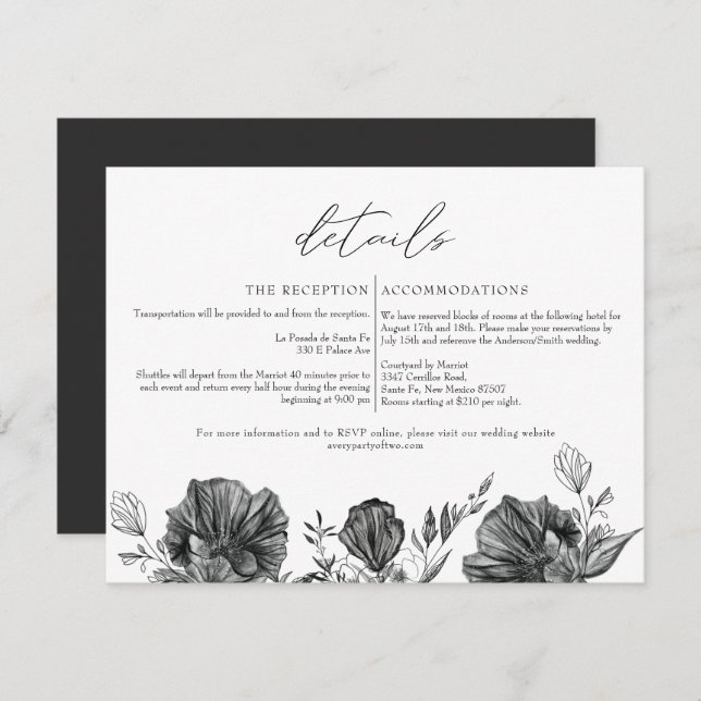 NOVA Elegant Gothic Black Floral Wedding Details Invitation (Front/Back)