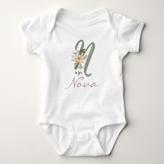 Nova Name Reveal Floral Letter N Girl Flower Baby Bodysuit (Front)