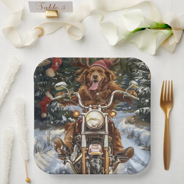 Nova Scotia Dog Riding Motorcycle Christmas Paper Plate (Wedding)