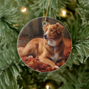 Nova Scotia Duck Terrier In Autumn Leaves Fall  Ceramic Ornament