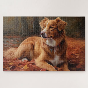 Nova Scotia Duck Terrier In Autumn Leaves Fall Jigsaw Puzzle