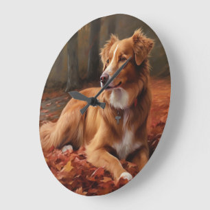 Nova Scotia Duck Terrier In Autumn Leaves Fall Large Clock