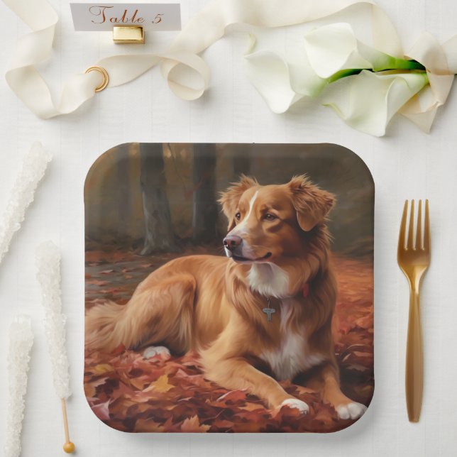 Nova Scotia Duck Terrier In Autumn Leaves Fall  Paper Plate (Wedding)