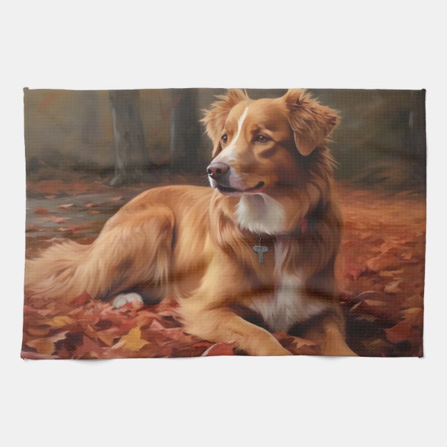 Nova Scotia Duck Terrier In Autumn Leaves Fall  Tea Towel (Horizontal)