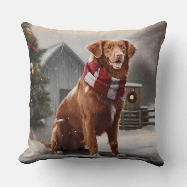 Nova Scotia Duck Toller Dog in Snow Christmas Cushion (Front)