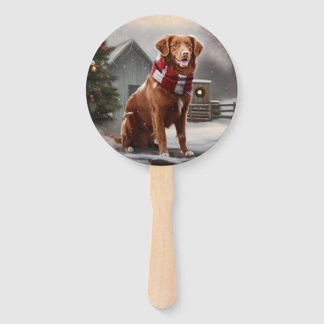 Nova Scotia Duck Toller Dog in Snow Christmas Hand Fan (Front)