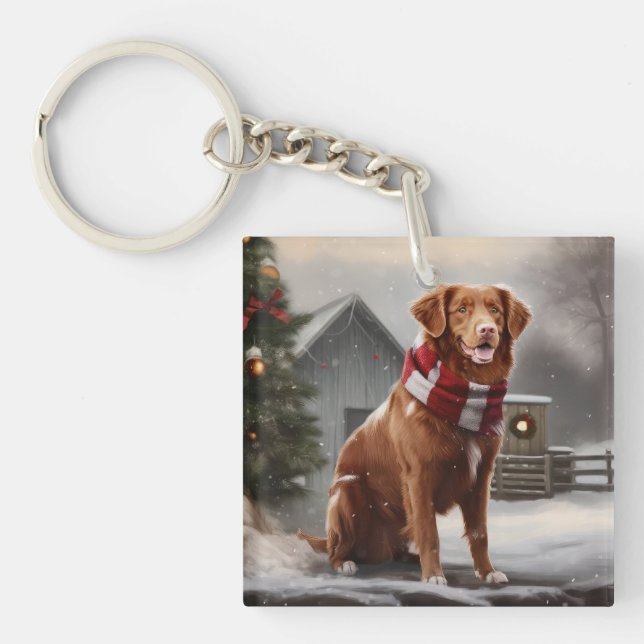 Nova Scotia Duck Toller Dog in Snow Christmas Key Ring (Front)