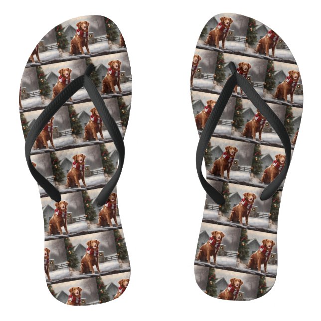 Nova Scotia Duck Toller Dog in Snow Christmas Thongs (Footbed)