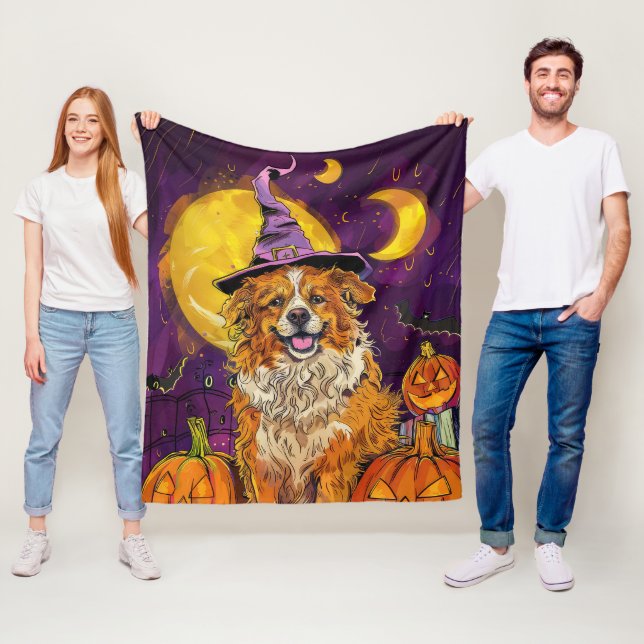 Nova Scotia Duck Toller Halloween Witch Pumpkin Fleece Blanket (In Situ)