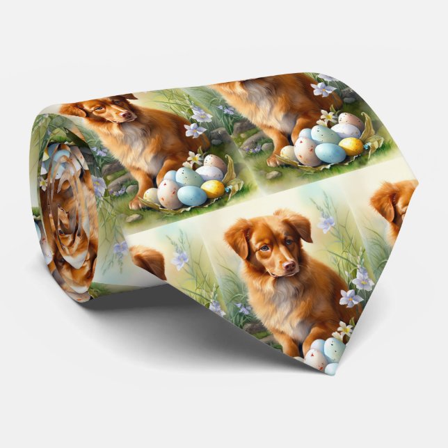 Nova Scotia Duck Toller with Easter Eggs Holiday Tie (Rolled)