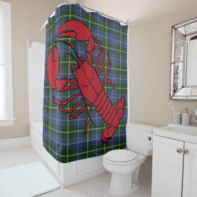 Nova Scotia Tartan blue shower curtain lobster (In Situ)