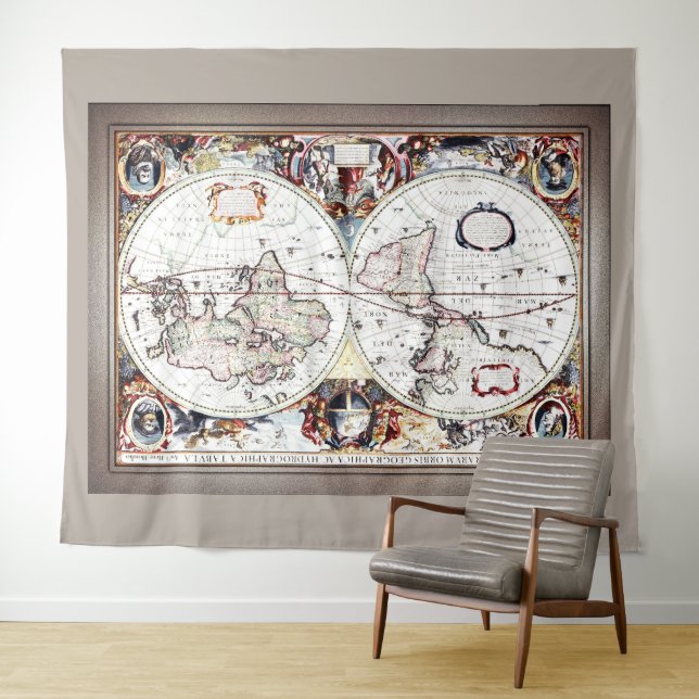 Nova Totius Terrarum Orbis by Henricus Hondius II Tapestry (In Situ (Horizontal))