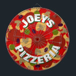 Novelty custom pepperoni pizza dartboard design<br><div class="desc">Novelty custom pepperoni pizza dartboard game. Funny fast food theme dart board design with personalised name. Cool wall decor for real men's man cave, pizzeria, italian restaurant, bar, pub, dorm room, bedroom, kitchen, diner, cafe, office, shop, store, business, company etc. Personalizable with family name or humourous quote. Awesome Birthday gift...</div>