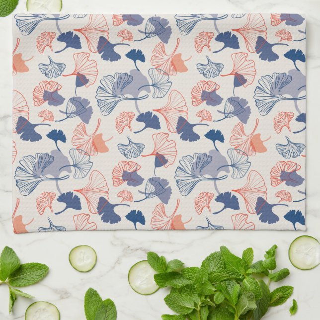 Novelty Ginkgo Navy Blue & Orange Pattern Tea Towel (Folded)