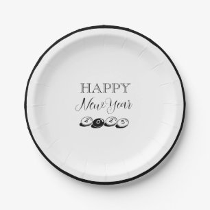Novelty Happy New Year Black and White Paper Plate