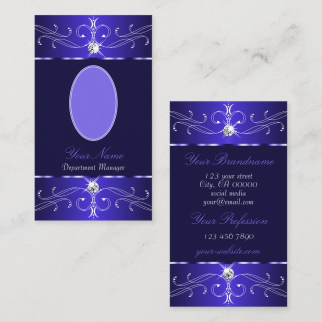Novelty Royal Blue Ornate Ornaments Add Photo Chic Business Card (Front/Back)