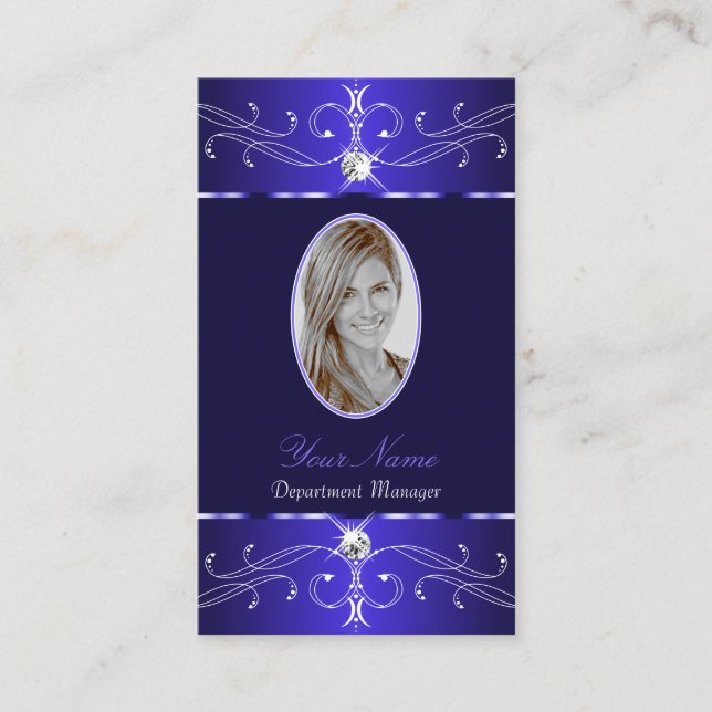 Novelty Royal Blue Ornate Ornaments Add Photo Chic Business Card (Front)