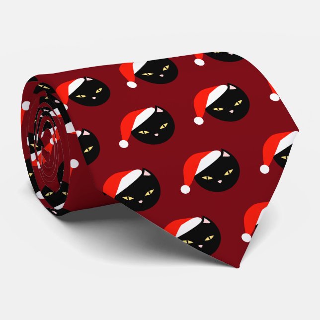 Novelty Santa Cat Pattern Burgundy Christmas Tie (Rolled)