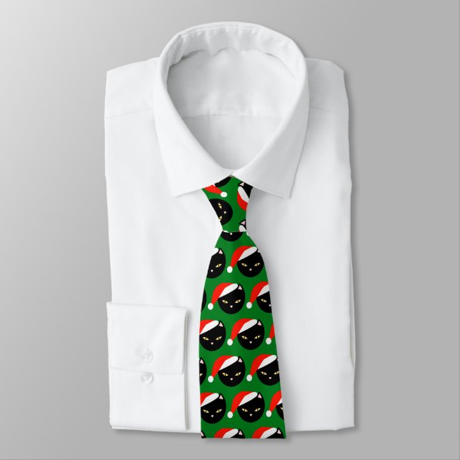 Novelty Santa Cat Pattern Dark Green Christmas Tie (Tied)