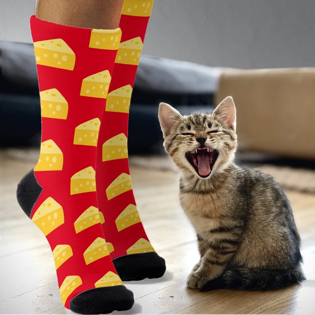 Novelty Stinky Cheese Pattern - Funny Food on Red Socks (Creator Uploaded)