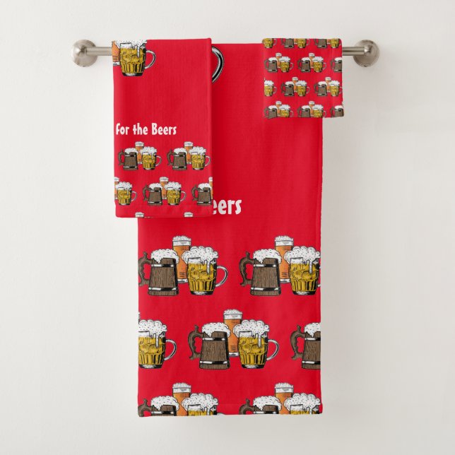 Novelty Three Beers Cartoon CUSTOMIZABLE Red Bath Towel Set (Insitu)