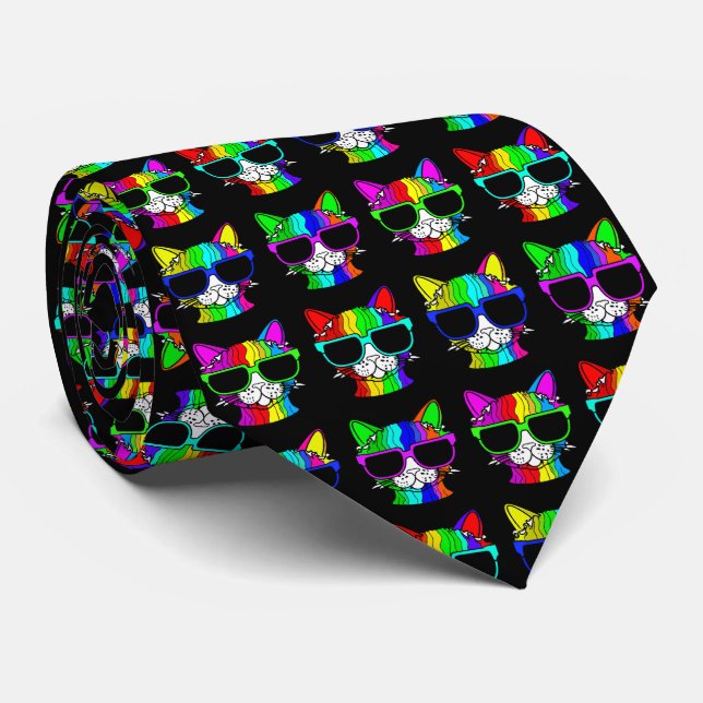 Novelty Very Cool Rainbow Cat Pattern  Tie (Rolled)