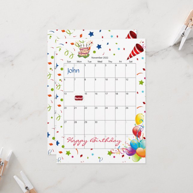 November 2022 Calendar Happy Birthday Invitation  (Front/Back In Situ)