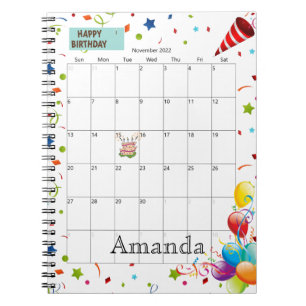 November 2022 Calendar Happy Birthday Notebook